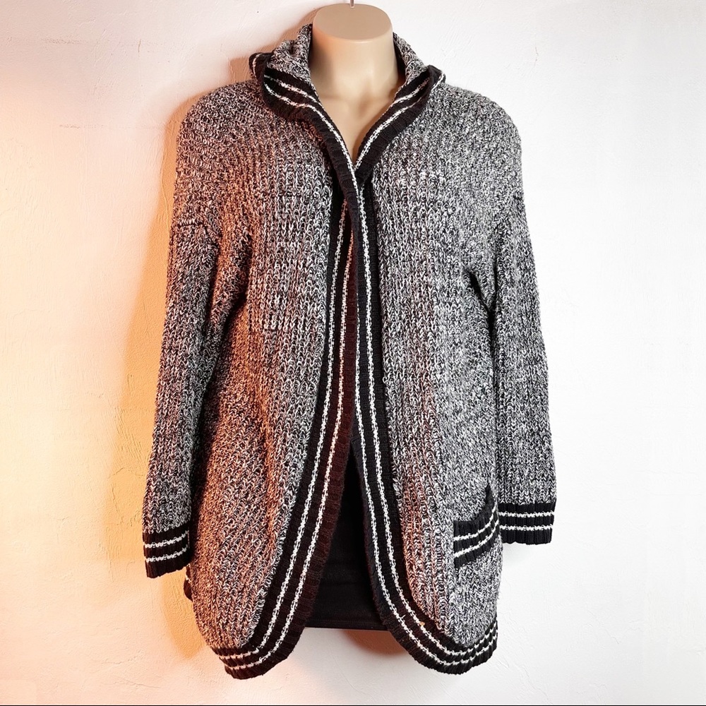 CUT 25 by Yigal Azrouel Marled Knit Hooded Cardigan with Pockets Black White XL